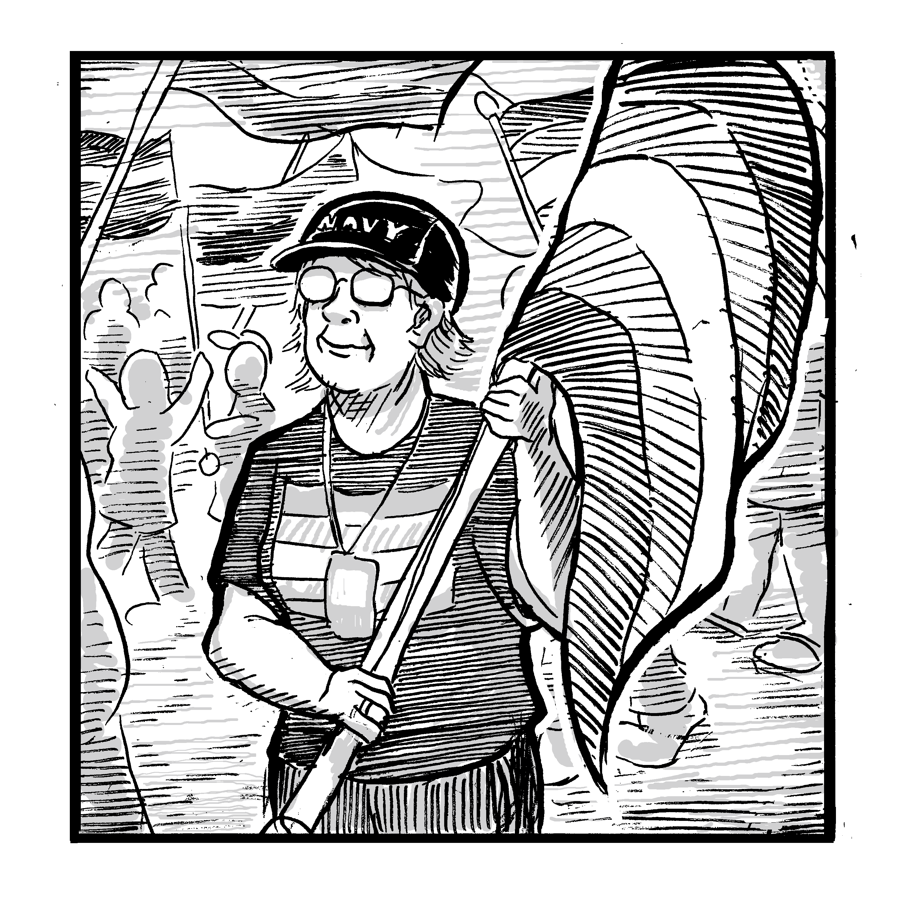 An older Monica Helms (drawn after photos of her at the New York City World Pride celebration, which she was grand marshal at) wearing a trans pride t-shirt and a hat that says NAVY holds a trans pride flag high in a parade. People are marching in the parade behind her.