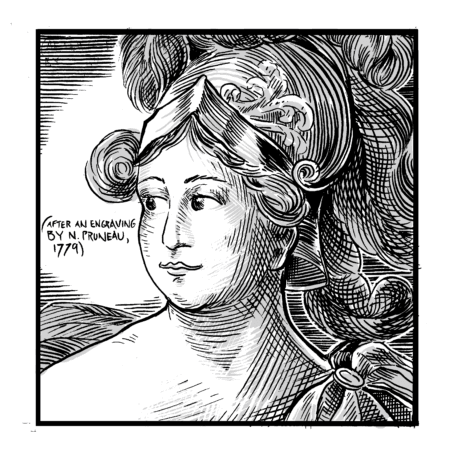 A portrait of the Chevaliere d'Eon (a stocky transfemme wearing a very elaborate feathered cap) as Pallas Athena. The hand-lettered annotation explains that the drawing in question is based on an engraving by N. Pruneau, made in 1779.