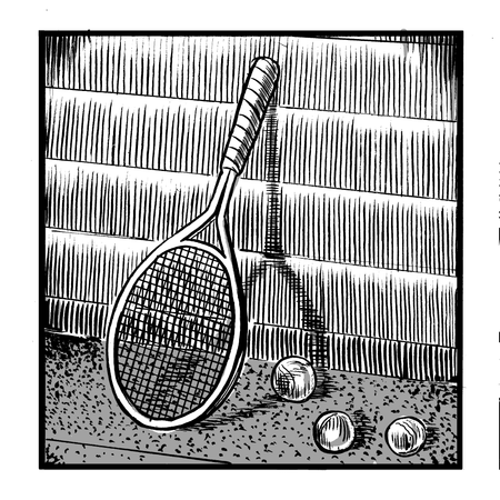 A tennis racket sits against a courtside boundary wall on a clay court, with multiple tennis balls sitting next to it.