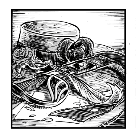 A still life, featuring a dragoon's rapier, a French lady's summer hat, a rose, some papers, and a feather.