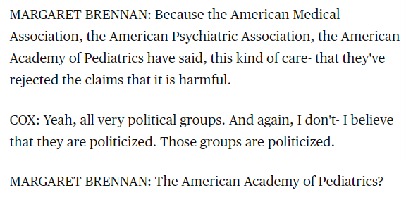 Cox: "Yeah, all very political groups. And again, I don't- I believe that they are politicized. Those groups are politicized.
