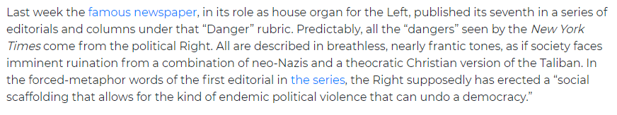 a lengthy excerpt from the Washington Examiner saying that the NYT is exaggerating the threat from the American right, most notably dismissing the idea that neo-Nazis are a real threat.