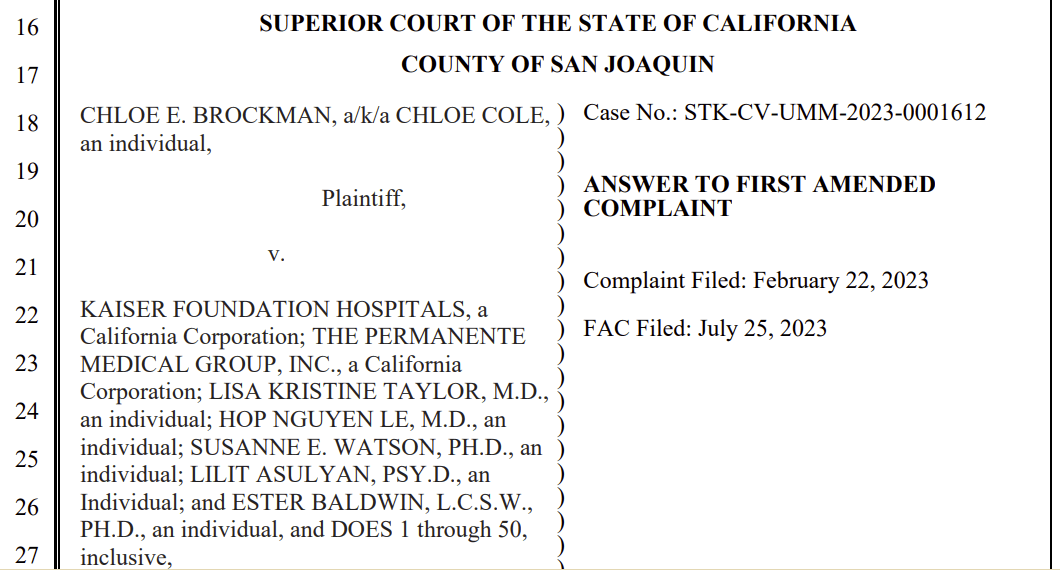  screenshot from Kaiser Permanente&rsquo;s Answer to the Complaint by Chloe Brockman a/k/a Chloe Cole 
