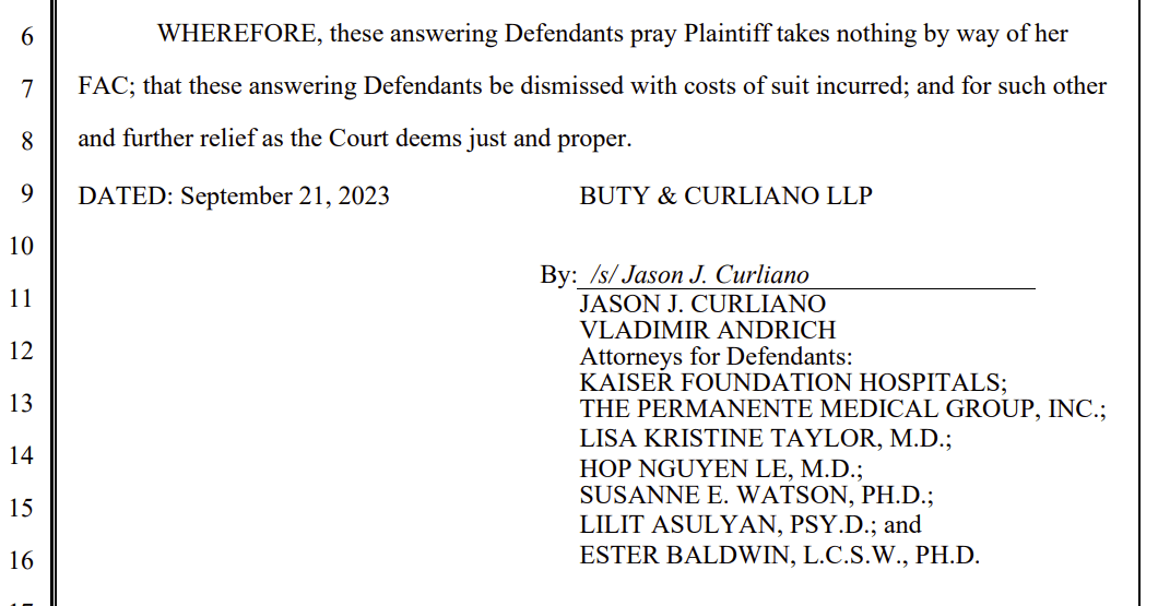  screenshot from Kaiser Permanente&rsquo;s Answer to the Complaint by Chloe Brockman a/k/a Chloe Cole 