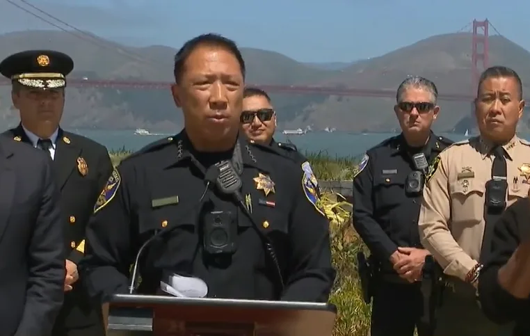 SFPD Chief Derrick Lew answers questions about police actions at Trans March in a press conference on Monday, June 29, 2026