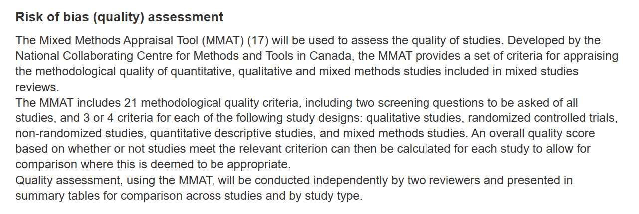 screenshot of a section from the pre-registration headed "Risk of bias (quality) assessment