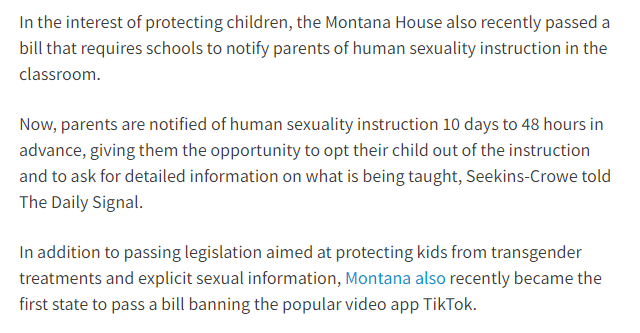 passage from the daily signal describing the TikTok ban and the bill to notify parents in advance of instrution on human sexuality