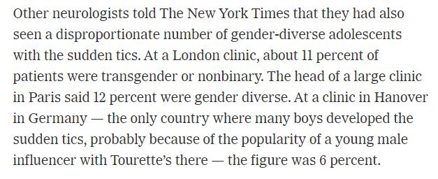 At a clinic in Hanover in Germany, the only country where many boys developed the sudden tics, probabny because of the popularity of a young male influencer with Toirette's there, the figure was 6 percent.