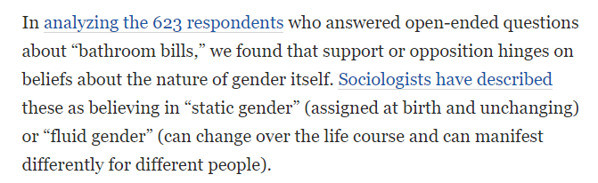 we found that support or opposition hinges on beliefs about the nature of gender itself. Sociologists have described these as believing in "static gender" or "fluid gender".