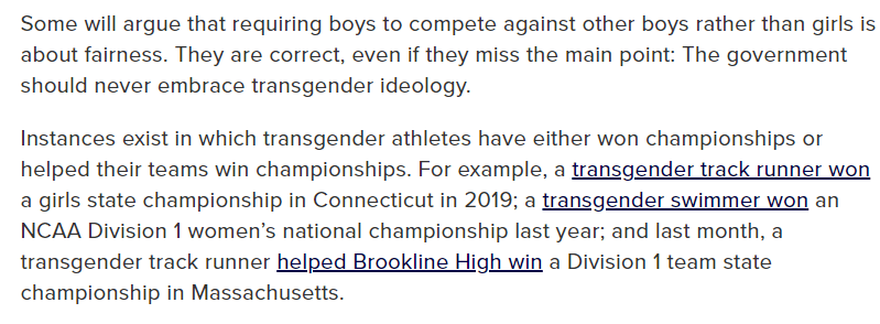 Some will argue that requiring boys to compete against other boys rather than girls is about fairness. They are correct, even in they miss the main point: The government should never embrace transgender ideology.