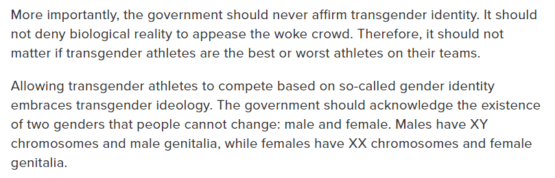 Allowing transgender athletes to compete based on so-called gender identity embraces transgender ideology.