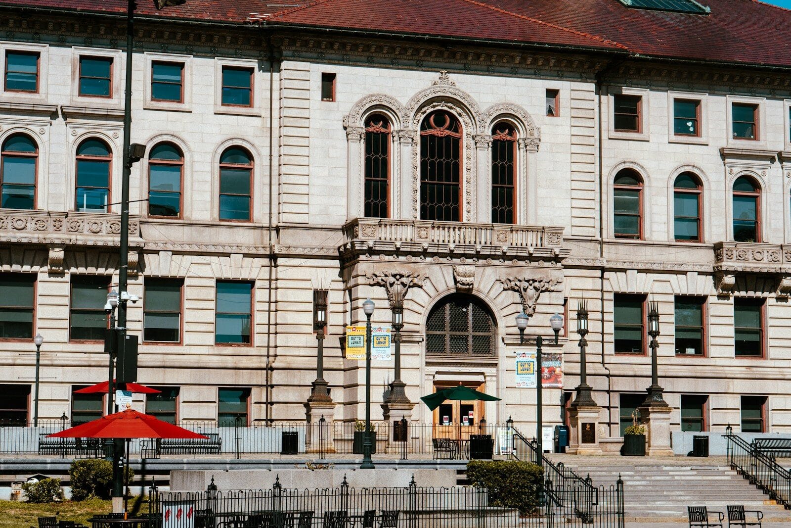 Ornate stone building with arched windows and entrance