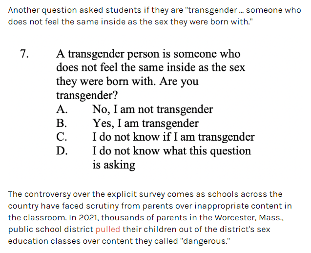 Another question asked students if they are "transgender ... someone who does not feel the same inside as the sex they were born with."