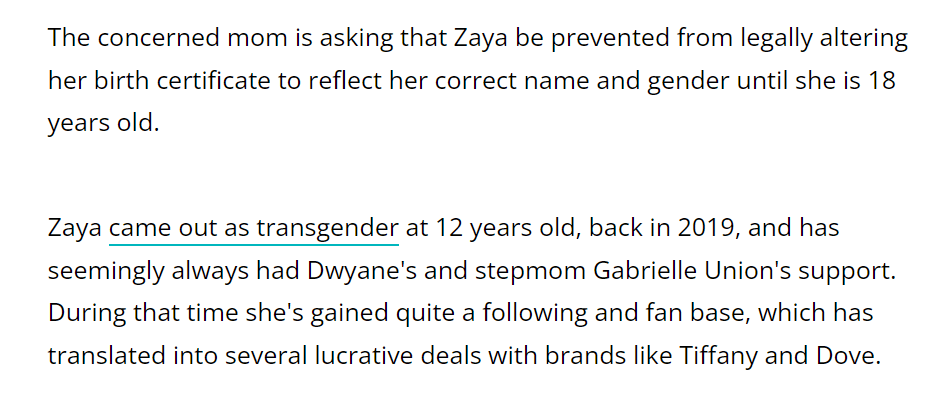 The concerned mom is asking that Zaya be prevented from legally altering her birth certificate to reflect her correct name and gender until she is 18-years-old.