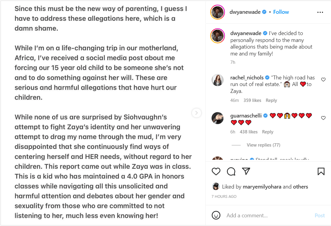 a screenshot of Dwayne Wade's instagram post, which is also linked here