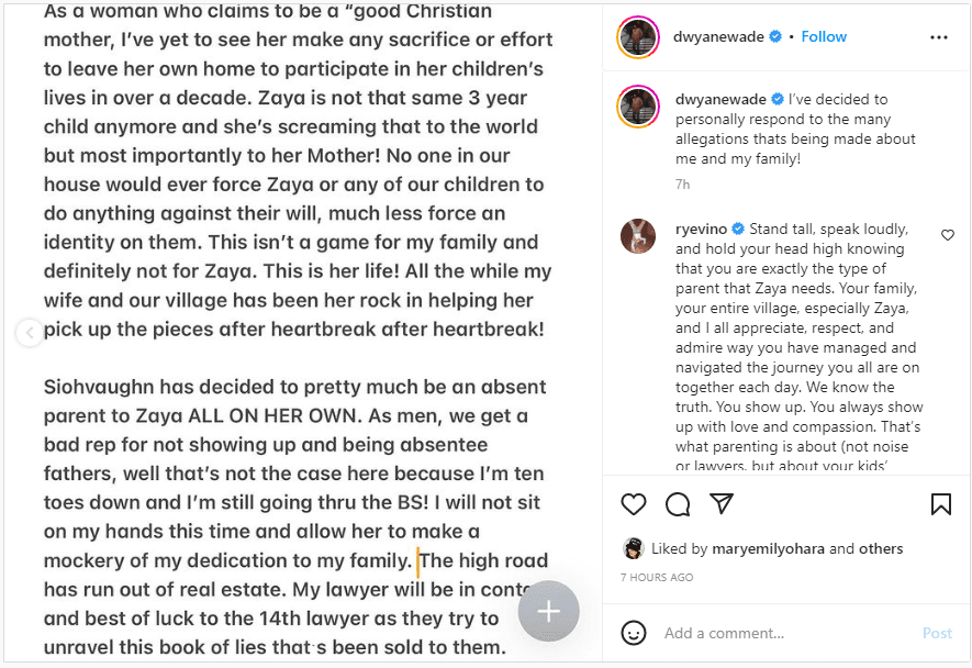 final part of Dwayne Wade's instagram statement